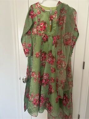 Floral Green Party Dress with Pink Rose Print with doputta for women